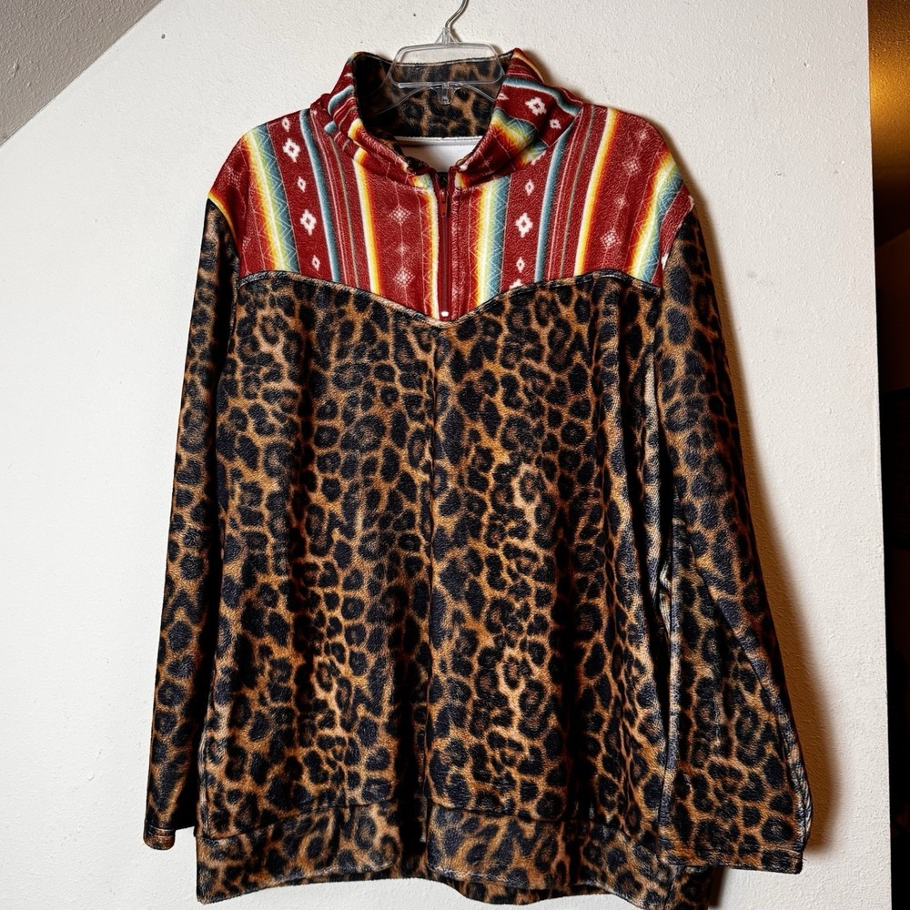 L&B Lucky & Blessed XL Aztec Leopard Print Quarter Zip Pullover Soft Fleece